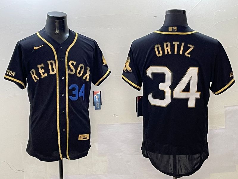 Men Boston Red Sox 34 Ortiz Black Gold three generations Elite 2025 Nike MLB Jersey style 3
